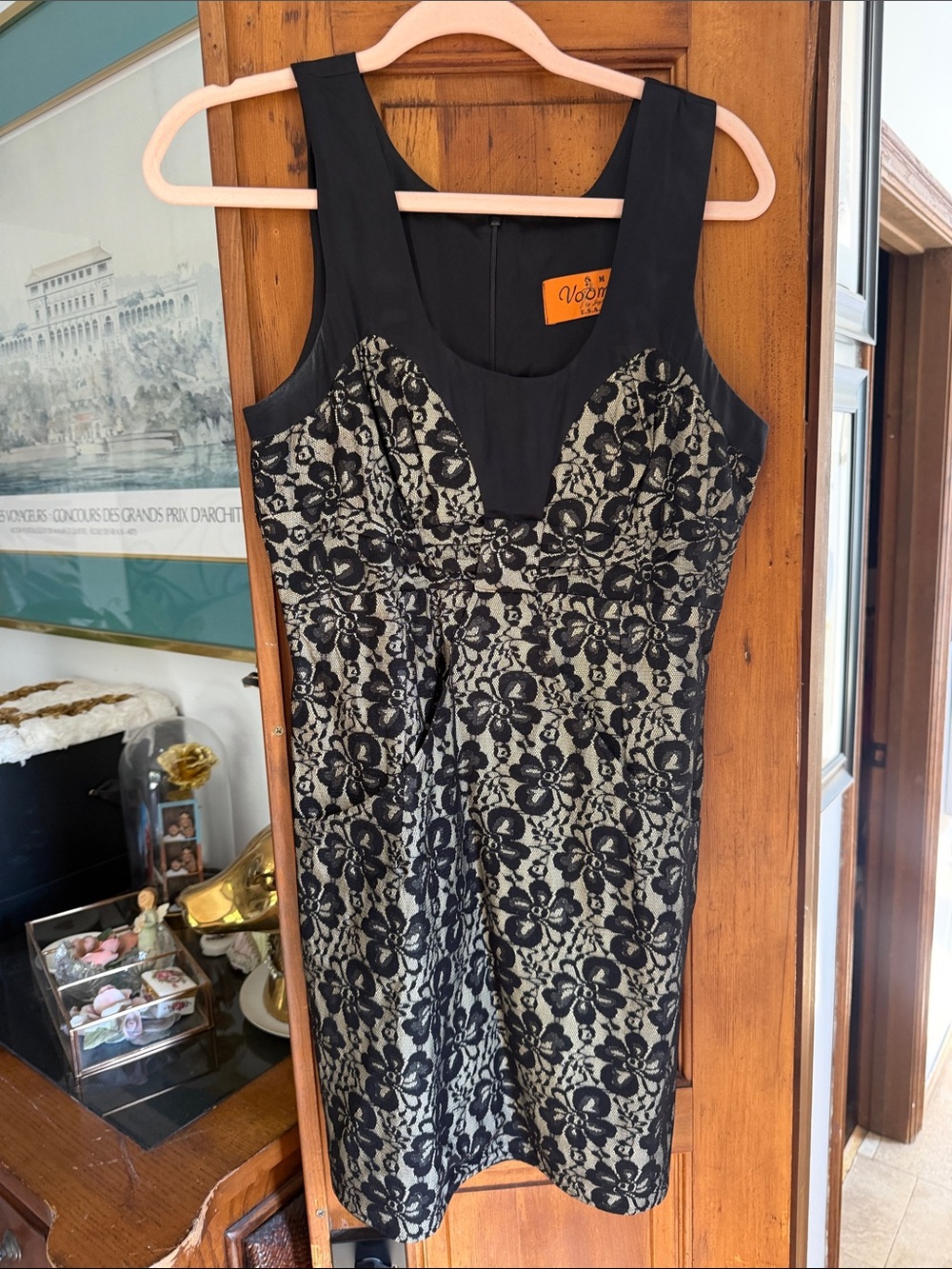 Voom by Joy Han Black Lace Overlay on Cream Midi Sheath Dress